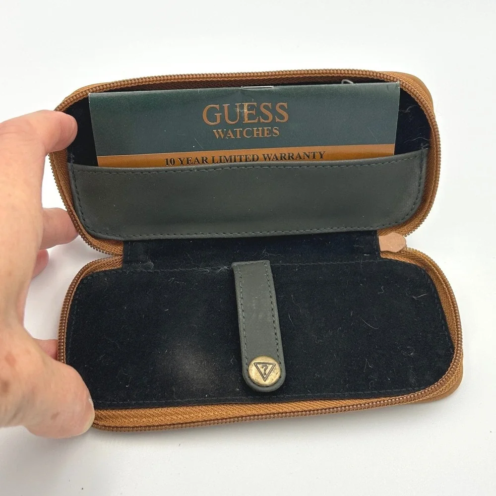 Vintage Guess Watches‎ Travel Case Green Brown Zip Around Pouch Brass Logo